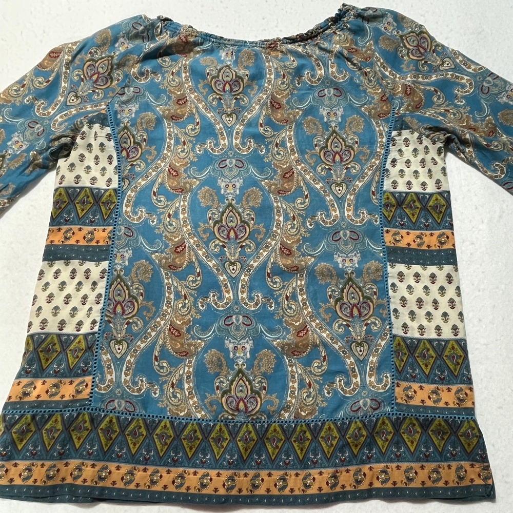 Lucky Brand Blue Paisley Patchwork 100% Cotton Peasant Blouse Top Sz L Boho - Picture 7 of 7